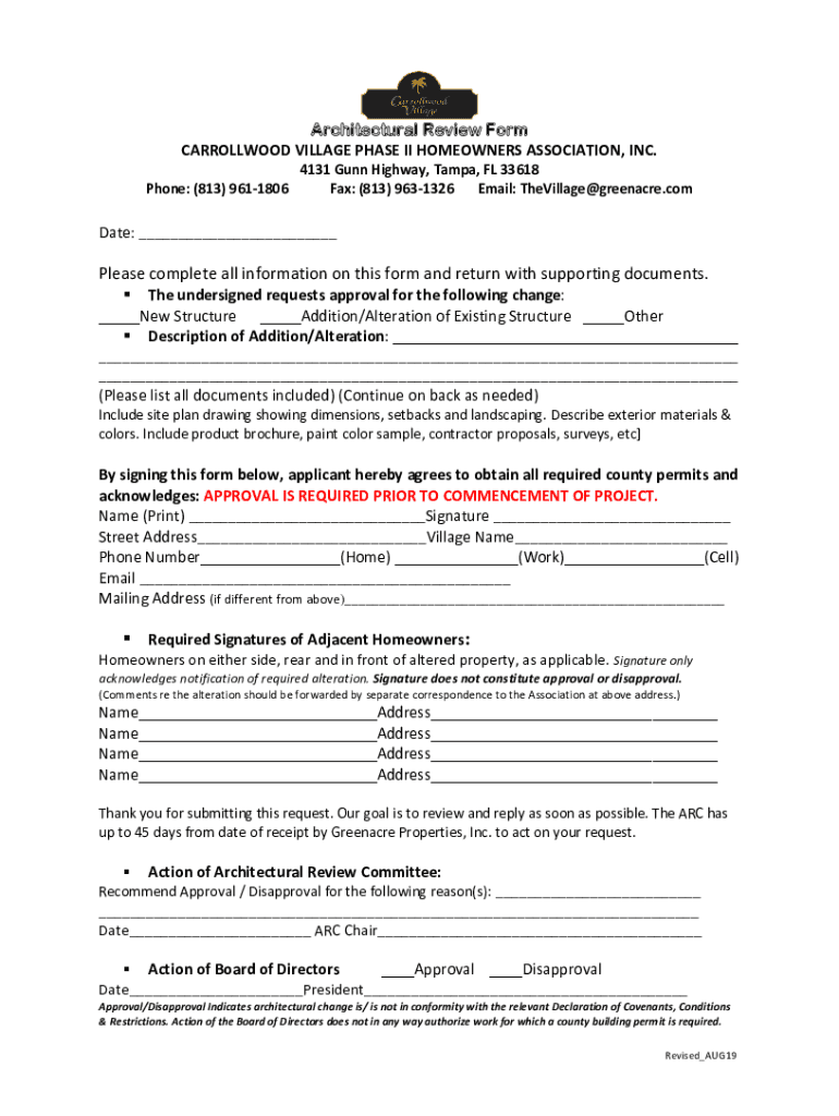 Fillable Online CARROLLWOOD VILLAGE PHASE II HOMEOWNERS ASSOCIATION