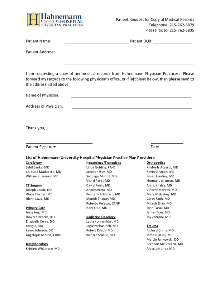 Fillable Online Patient Request for Copy of Medical Records Fax Email