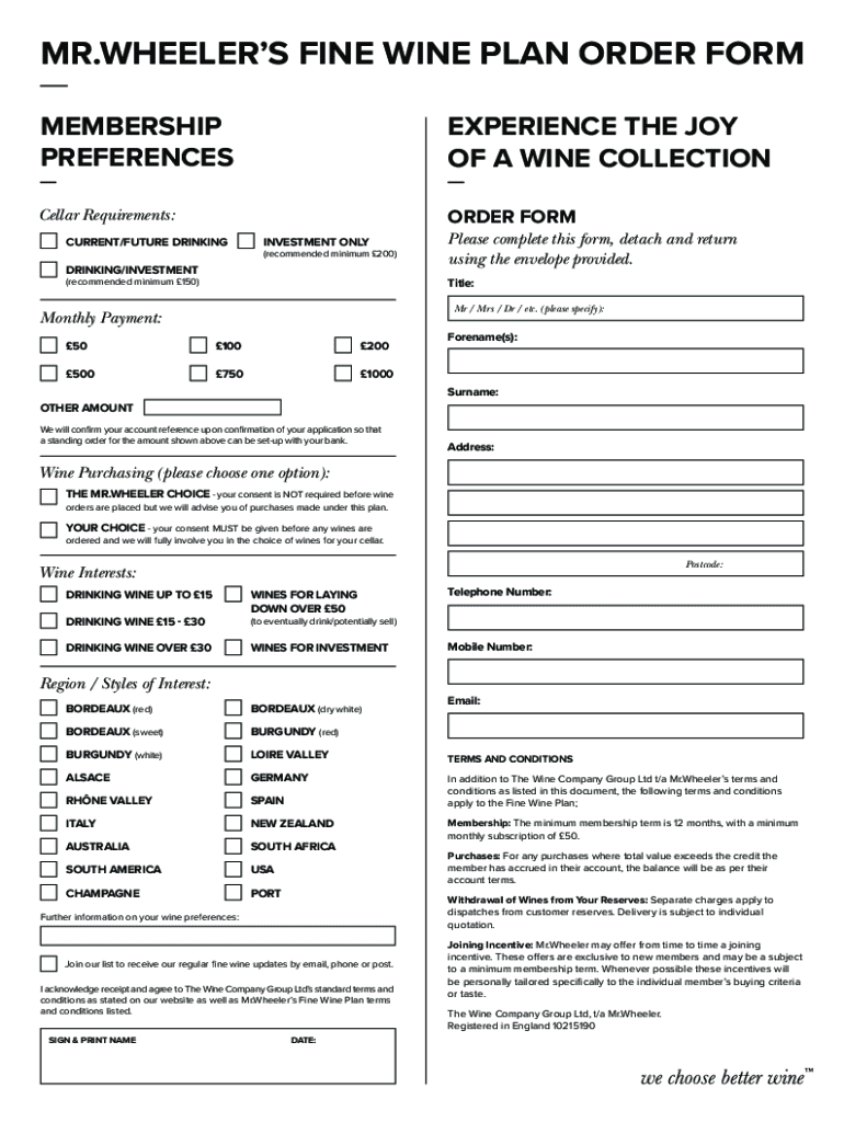 Fillable Online MR.WHEELERS FINE WINE PLAN ORDER FORM Fax Email Print