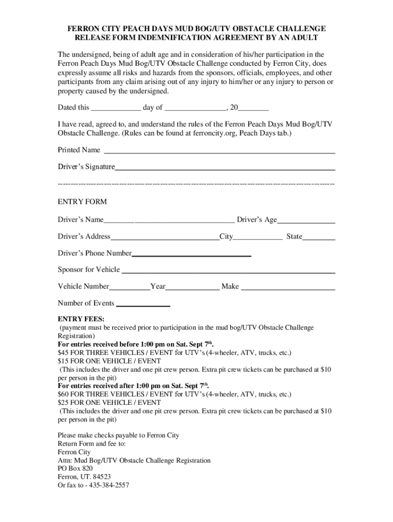 Fillable Online FERRON CITY PEACH DAYS MUD BOG/UTV OBSTACLE CHALLENGE