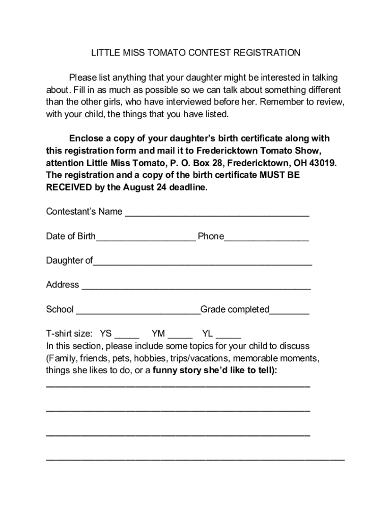 Fillable Online Little Miss Tomato registration form456 Fax Email Print
