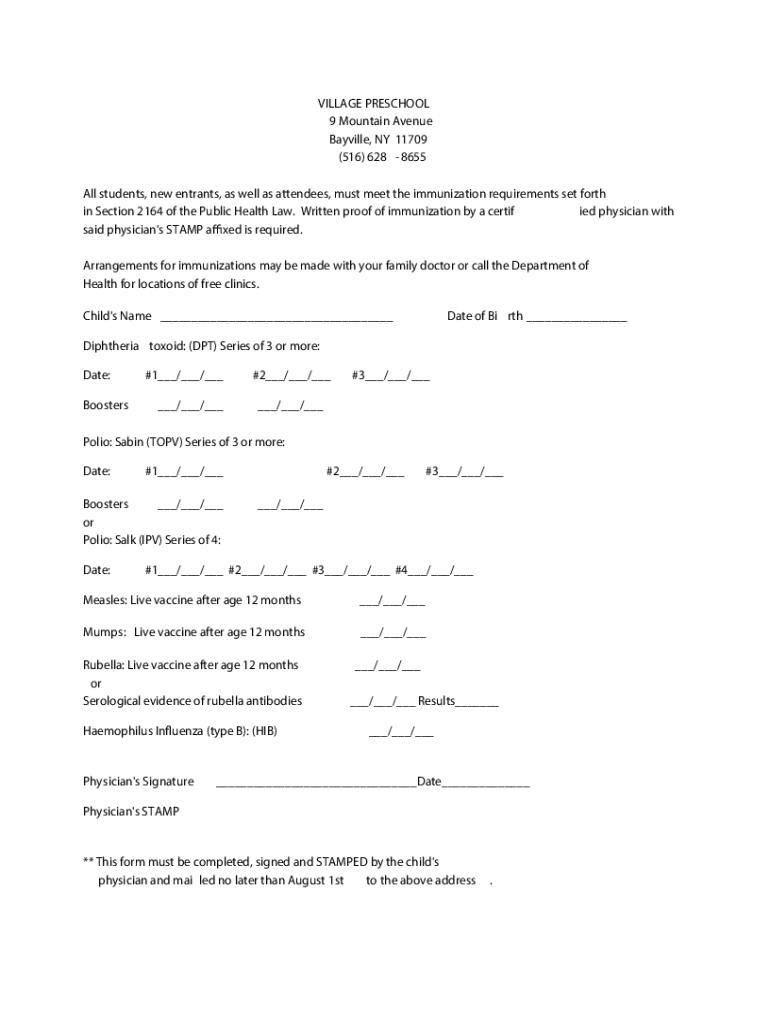 Fillable Online Village Preschool 9 Mountain Ave Bayville, NY Day Care