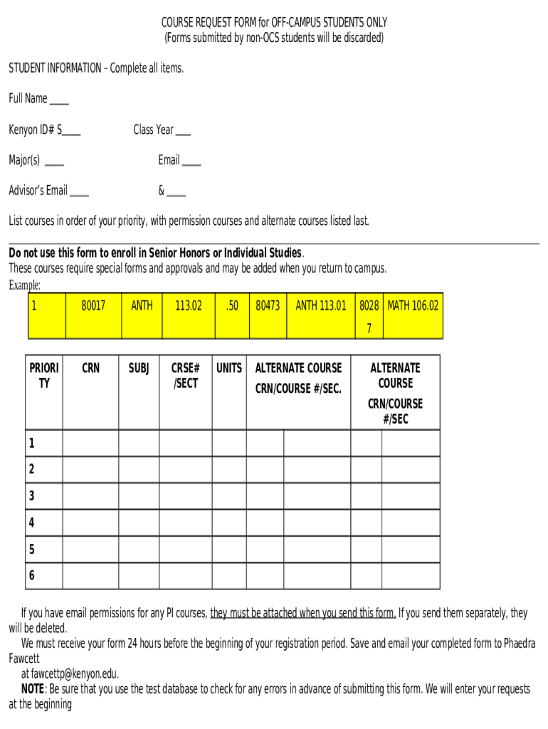 COURSE REQUEST for OFFCAMPUS STUDENTS ONLY registrar kenyon Doc