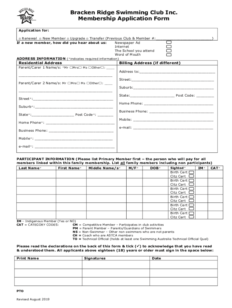 Fillable Online Bracken Ridge Swimming Club Inc. Membership Application
