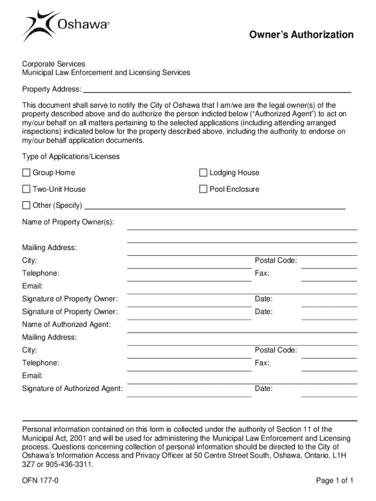 Fillable Online PDF Owner's Authorization Form City of Oshawa Fax