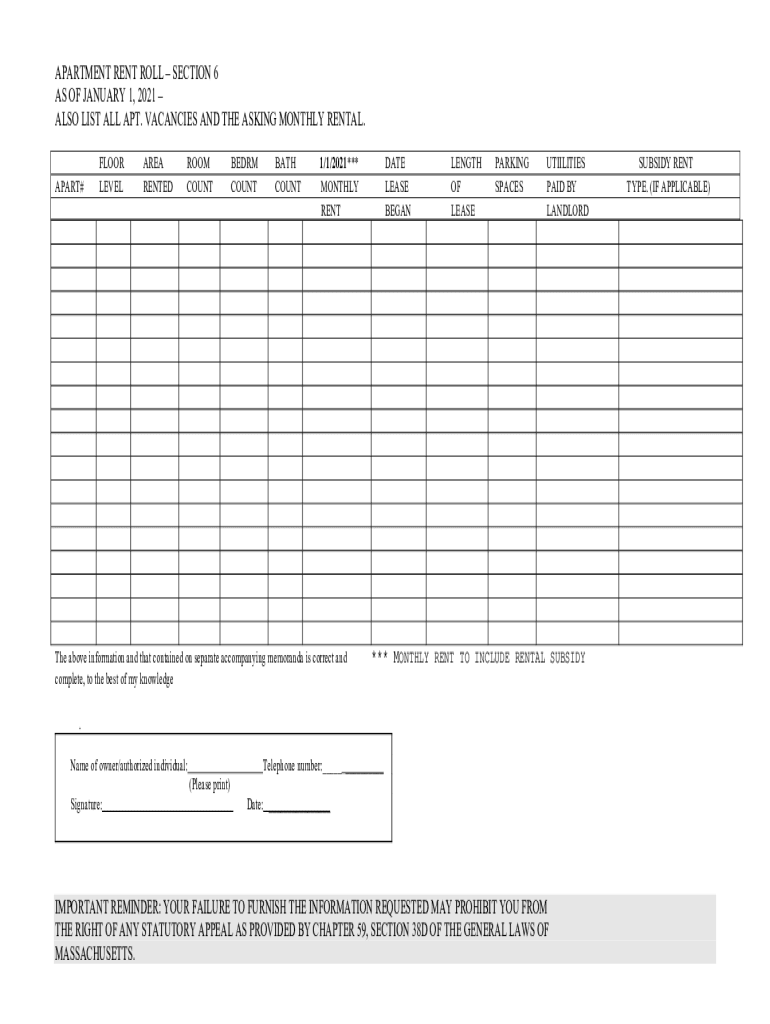 Fillable Online Apartment Rent Roll Form Fill and Sign Printable