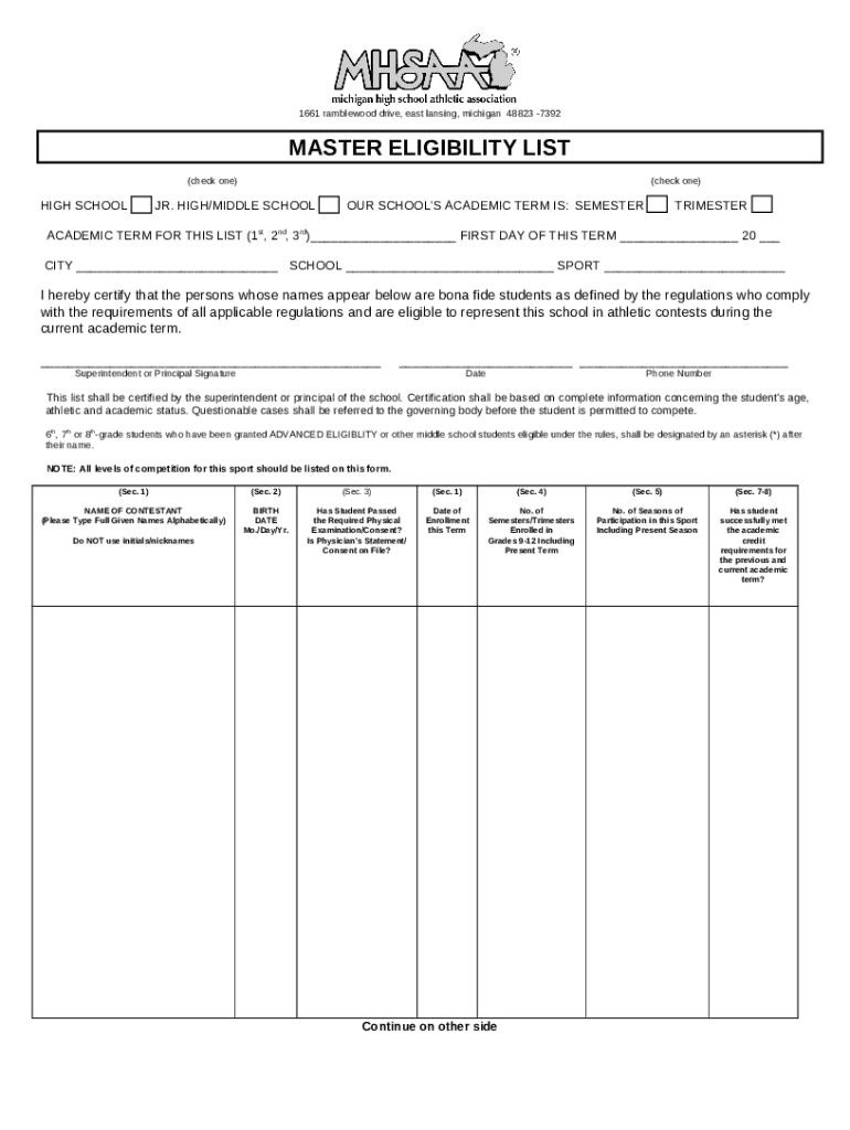 MASTER ELIGIBILITY LIST Doc Template pdfFiller