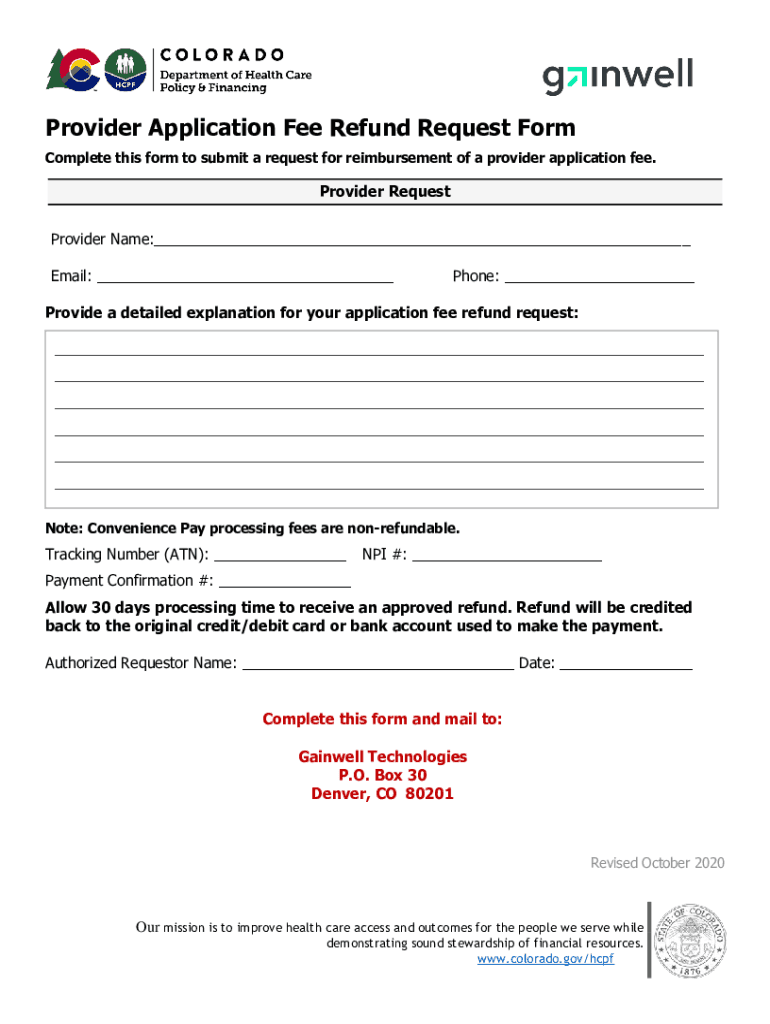 Fillable Online Provider Application Fee Refund Request Form Fax Email