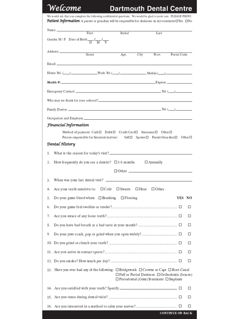 Fillable Online Dartmouth Dental Patient Information Sheet.pdf Fax