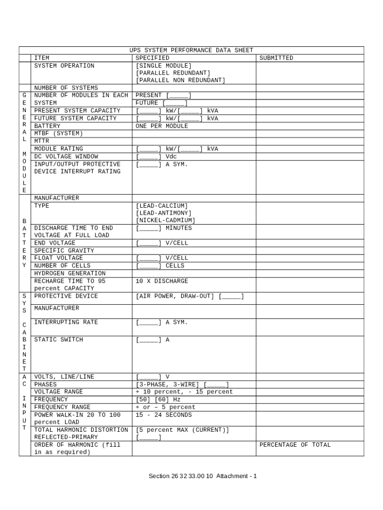 UPS SYSTEM PERANCE DATA SHEET ITEM Doc Template pdfFiller