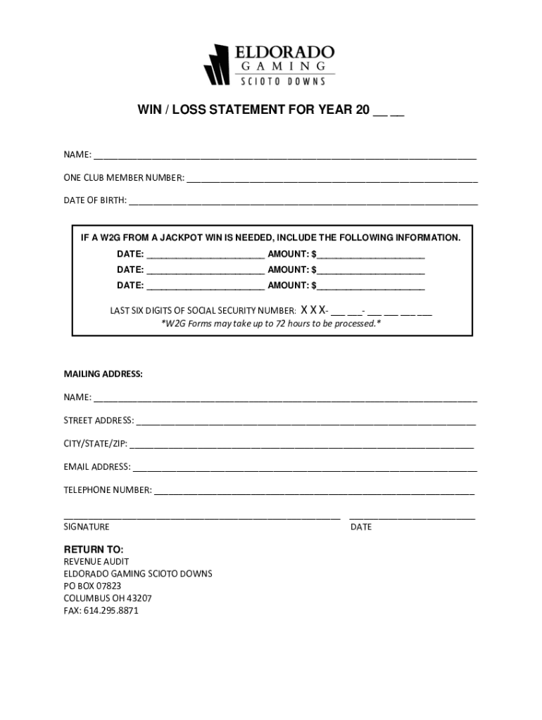 Fillable Online REQUEST WIN / LOSS STATEMENT FOR YEAR 20 Fax Email Print pdfFiller