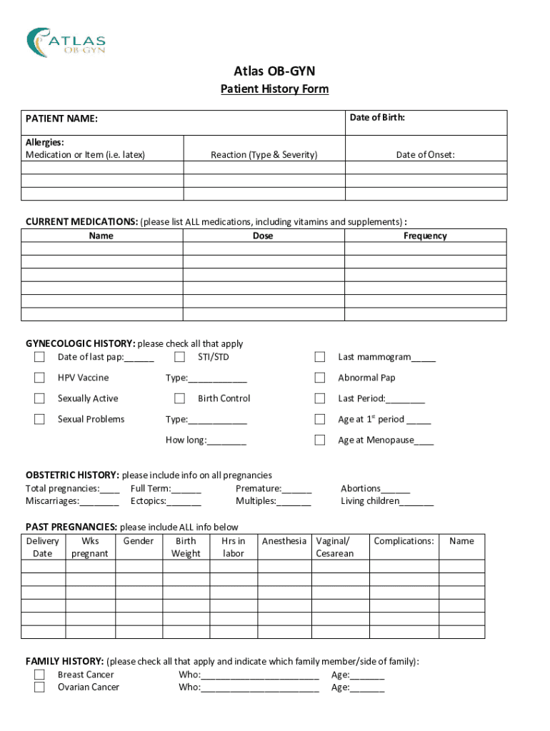 Fillable Online Patient History Form Atlas OBGYN in Richardson, TX