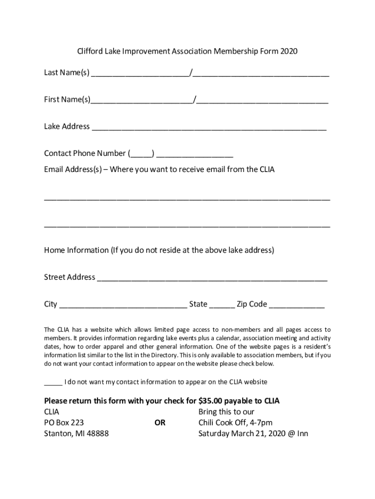 Fillable Online Clifford Lake Improvement Association Membership Form