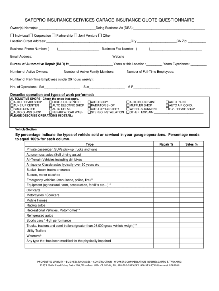 Fillable Online Garage Insurance Questionnaire Safeproinsurance Fax Email Print pdfFiller