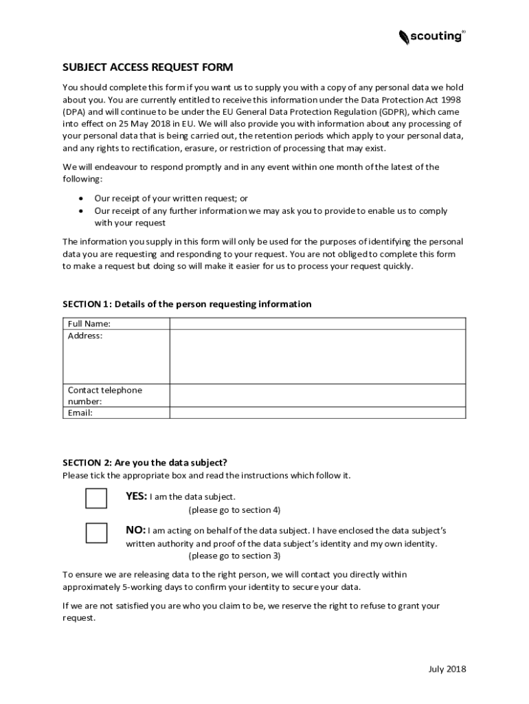 Fillable Online Subject Access Request Template, Sample Form