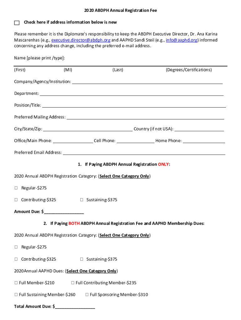 Fillable Online 2020 ABDPH Annual Registration Fee Form Fax Email Print