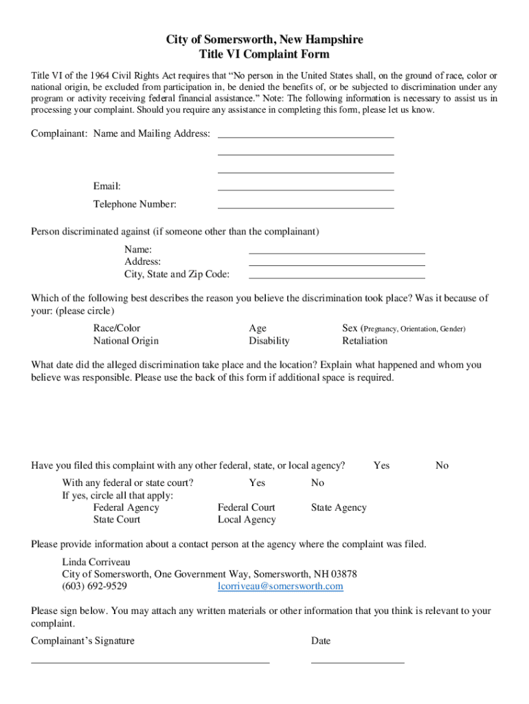 Fillable Online City of Somersworth, New Hampshire Title VI Complaint