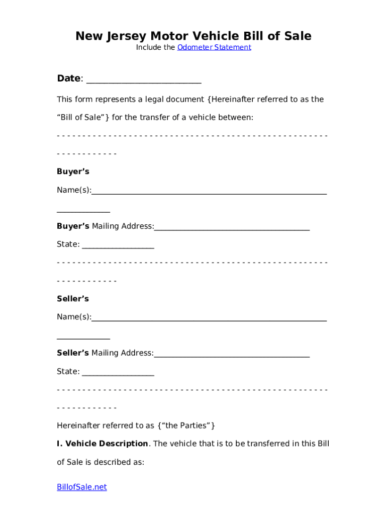 New Jersey Motor Vehicle Bill of Sale Doc Template pdfFiller