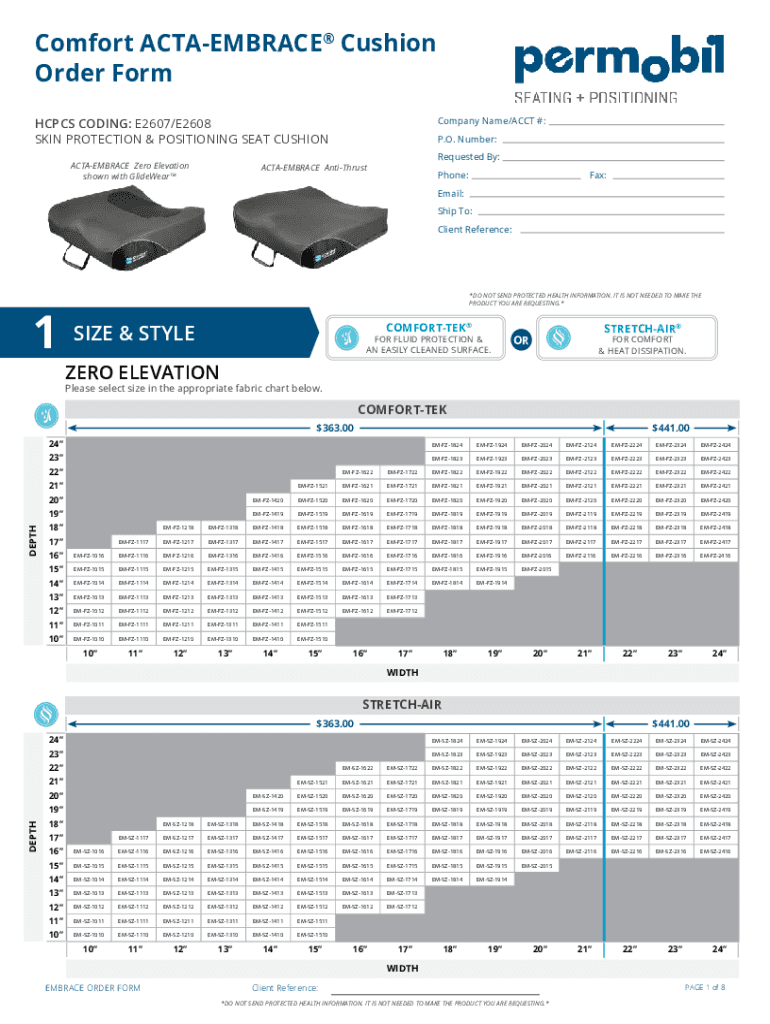 Fillable Online Comfort Company ActaEmbrace Foam Cushion Order Form