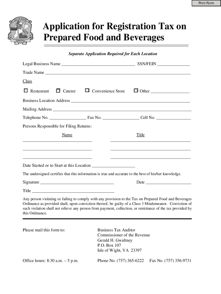 Fillable Online DOR Food and Beverage Tax IN.govRegistration and