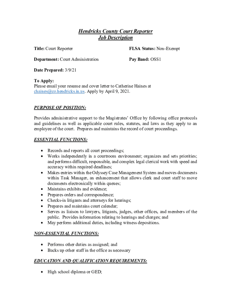 Fillable Online Hendricks County Job Description Title Court Reporter