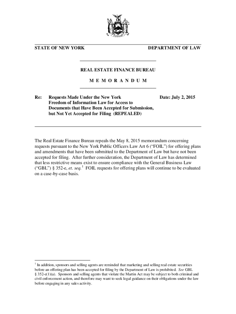 Fillable Online ag ny REAL ESTATE FINANCE BUREAU M E M O R A N D U M
