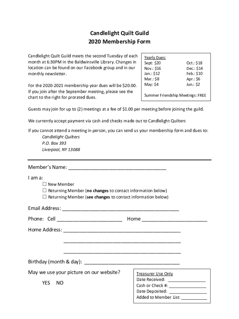 Fillable Online Candlelight Quilt Guild 2020 Membership Form Fax Email