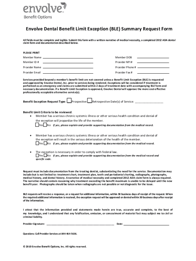 Fillable Online Fillable Online Envolve Dental Benefit Limit Exception (BLE Fax Email Print