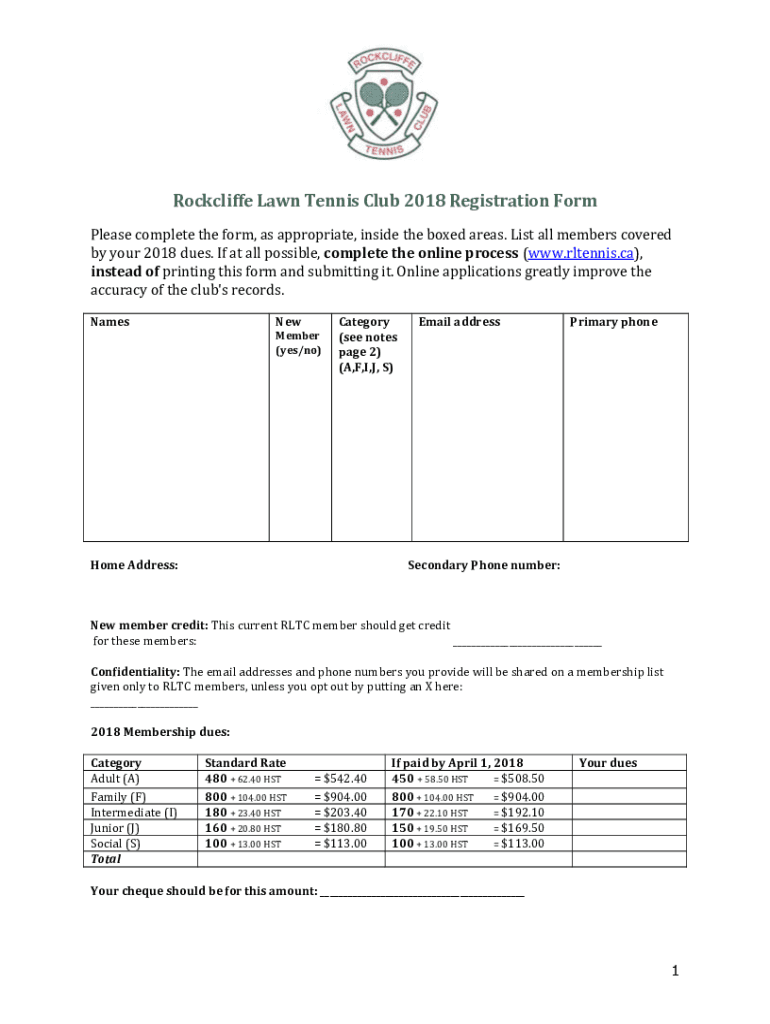 Fillable Online Rockcliffe Lawn Tennis Club 2018 Registration Form Fax
