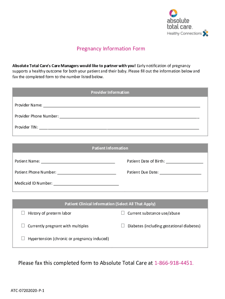 Fillable Online Pregnancy Information Form Absolute Total Care Fax