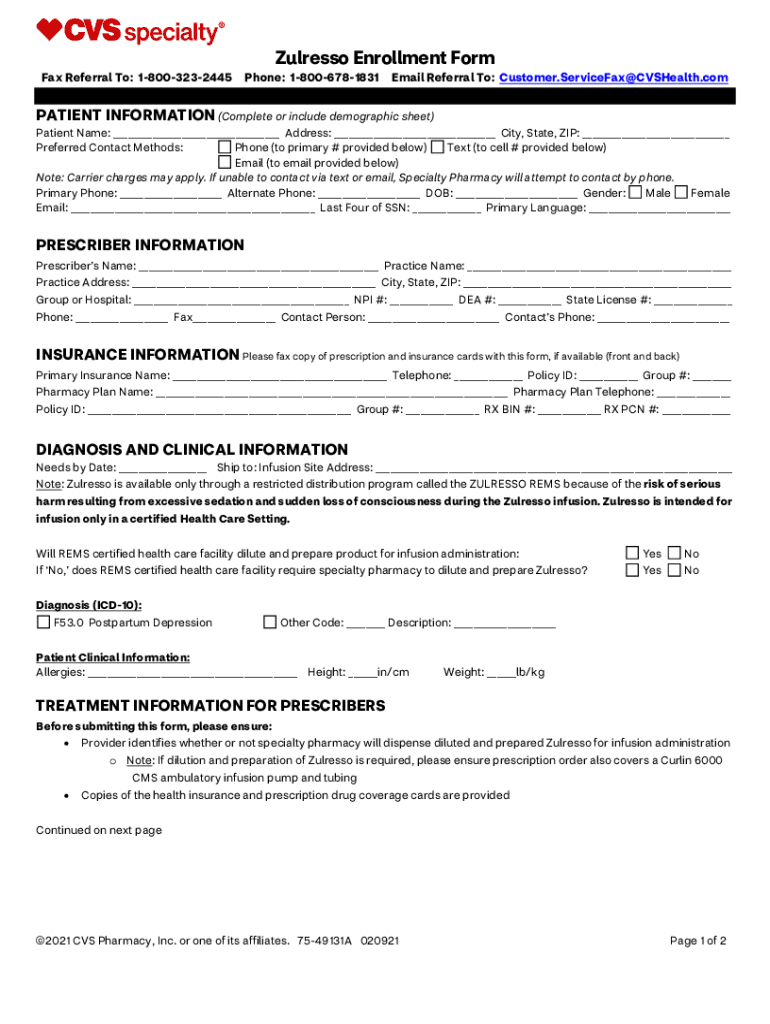 Fillable Online INSURANCE INFORMATION DIAGNOSIS AND CVS Specialty Fax Email Print pdfFiller