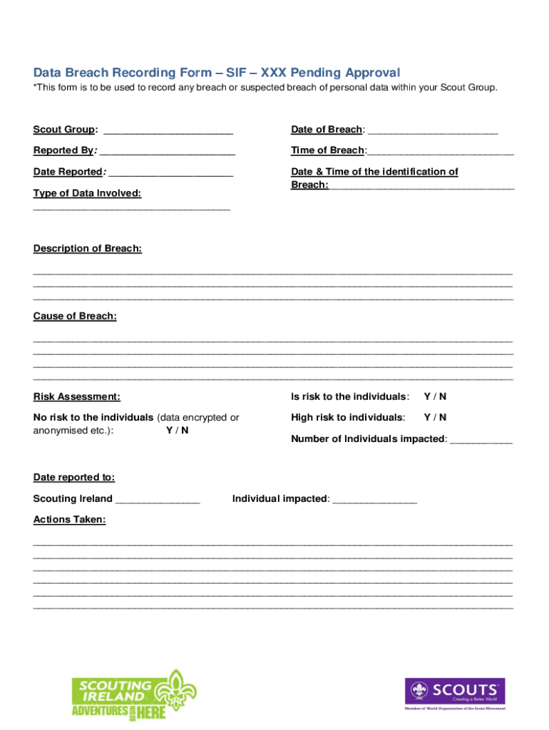 Fillable Online Data Breach Recording Form SIF XXX Pending Approval Fax