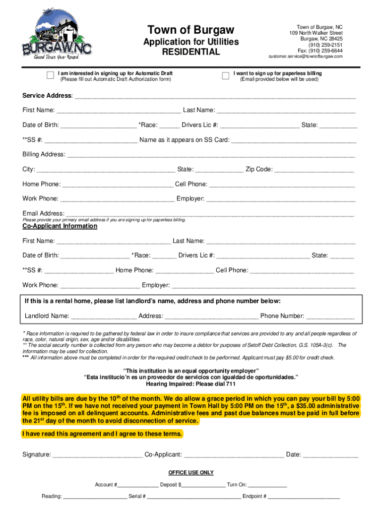 Fillable Online Town of Burgaw Application for Utilities Residential
