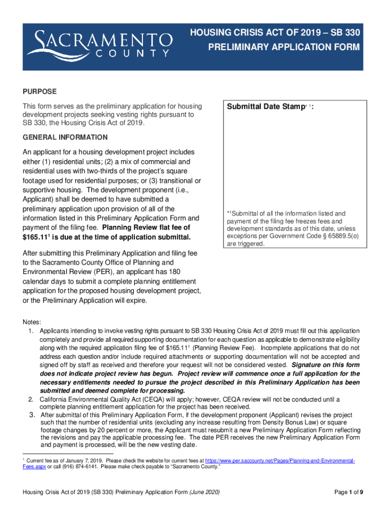 Fillable Online HOUSING CRISIS ACT OF 2019SB 330 PRELIMINARY