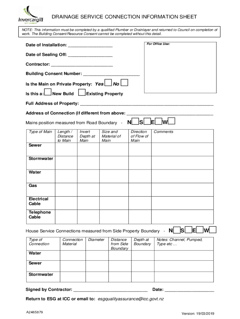 Fillable Online icc govt DRAINAGE SERVICE CONNECTION INFORMATION SHEET Fax Email Print pdfFiller
