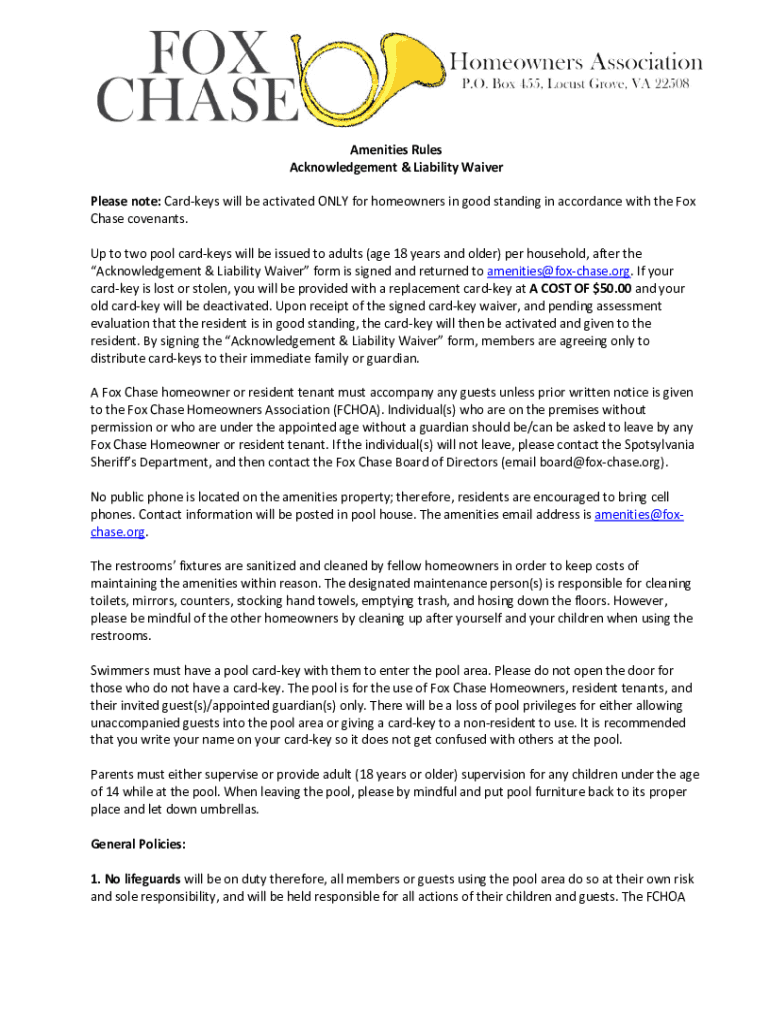 Fillable Online Fox Chase Homeowners Association Pool Rules Acknowlegement Fax Email Print