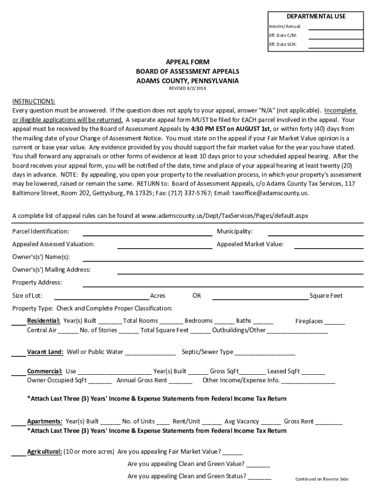 Fillable Online Get the APPEAL FORM BOARD OF ASSESSMENT Adams County