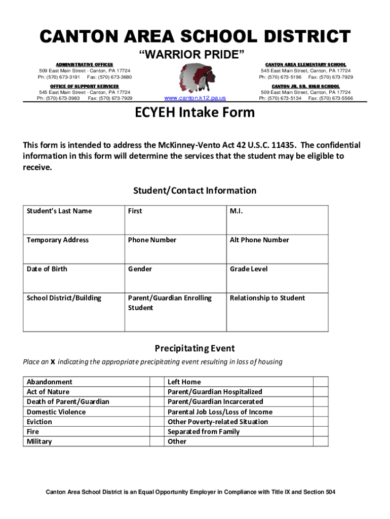 Fillable Online Fillable Online canton k12 pa 509 East Main Street
