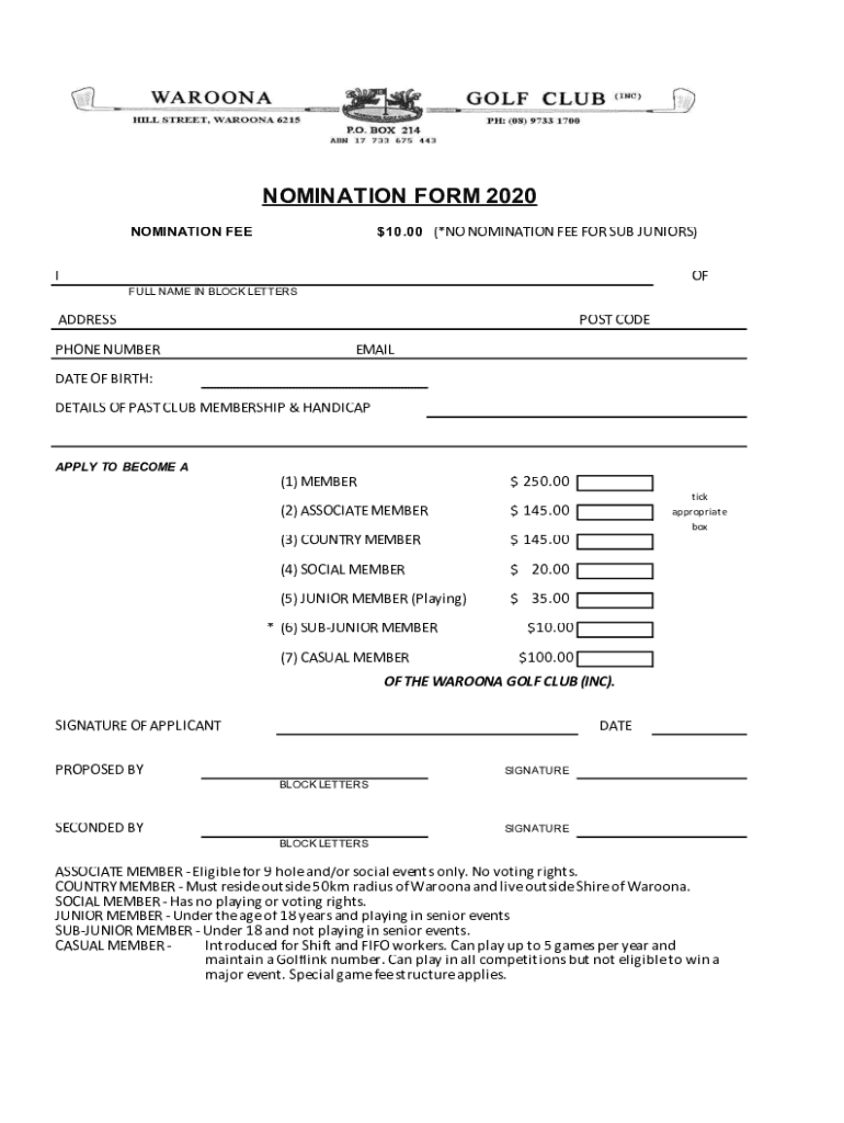 Fillable Online 2020 NOMINATION FORM WAROONA GOLF CLUB Fax Email