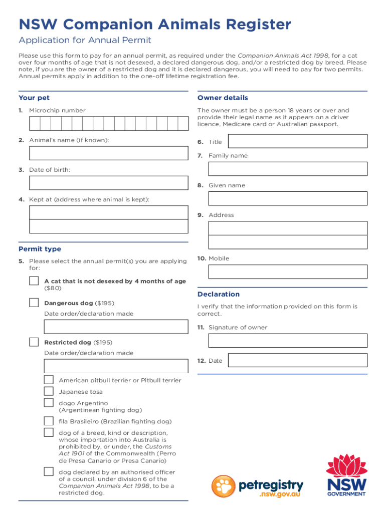Fillable Online NSW Pet Registry Annual Permit Form. NSW Pet Registry