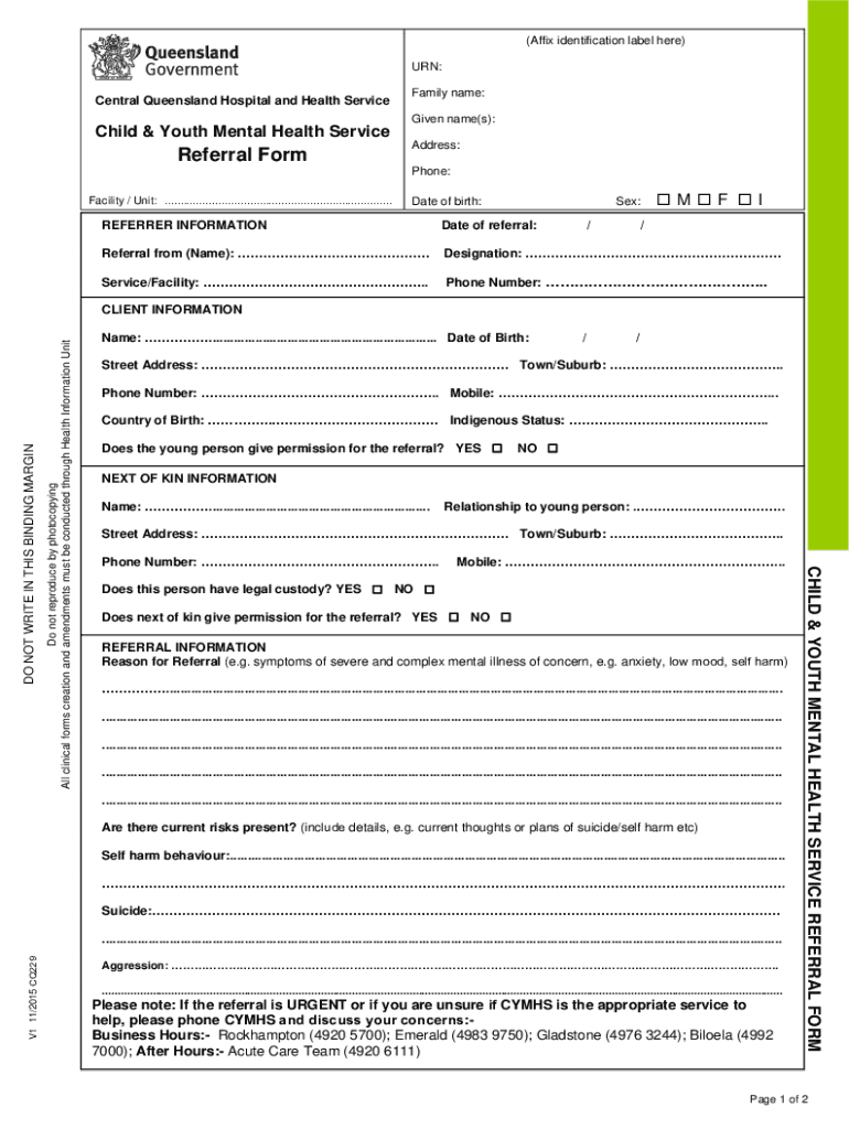 Fillable Online CQ229 Child and Youth Mental Health Service Referral