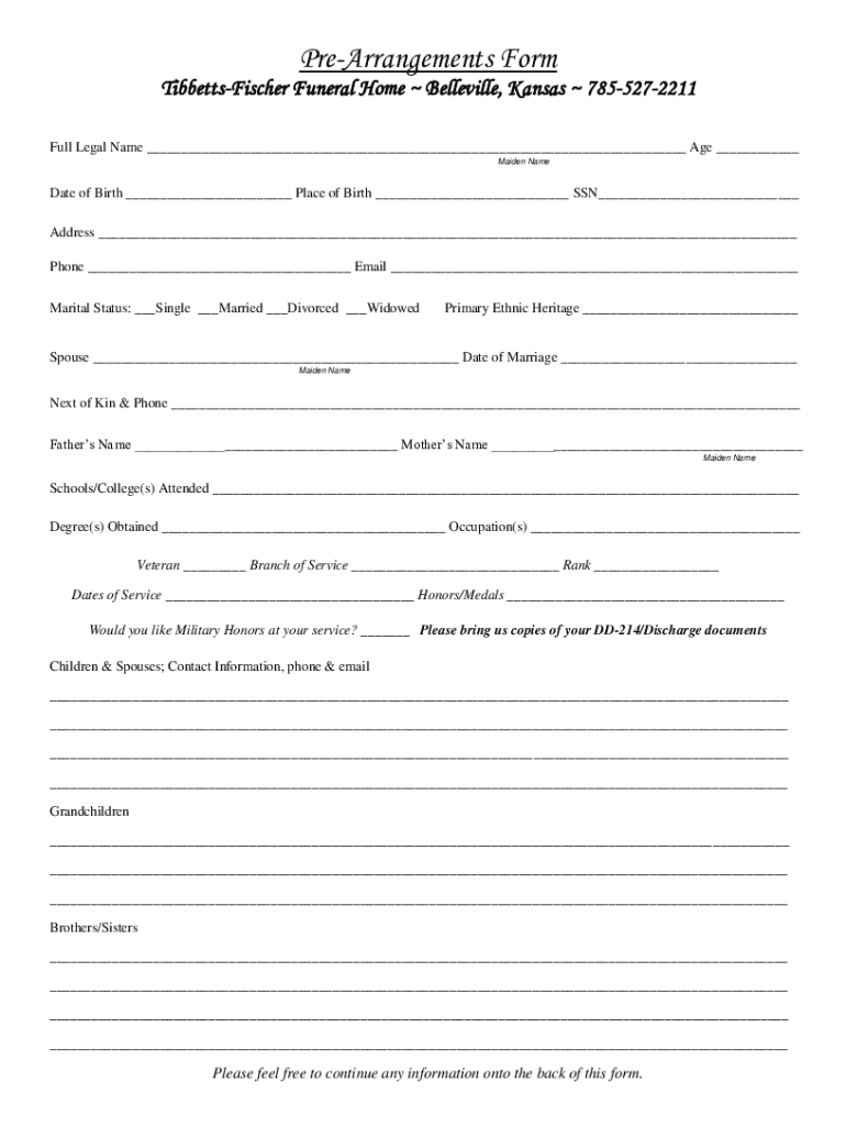 Fillable Online Planning Ahead Form Belleville KS funeral home and