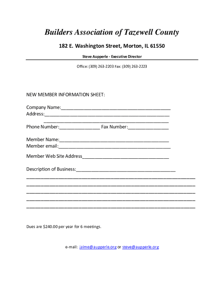 Fillable Online New Member Form. Builders Association of Tazewell County New Member Form Fax
