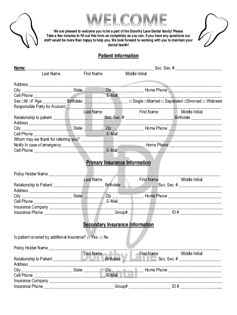 Fillable Online Patient Information Dorothy Lane Dental, Inc Fax