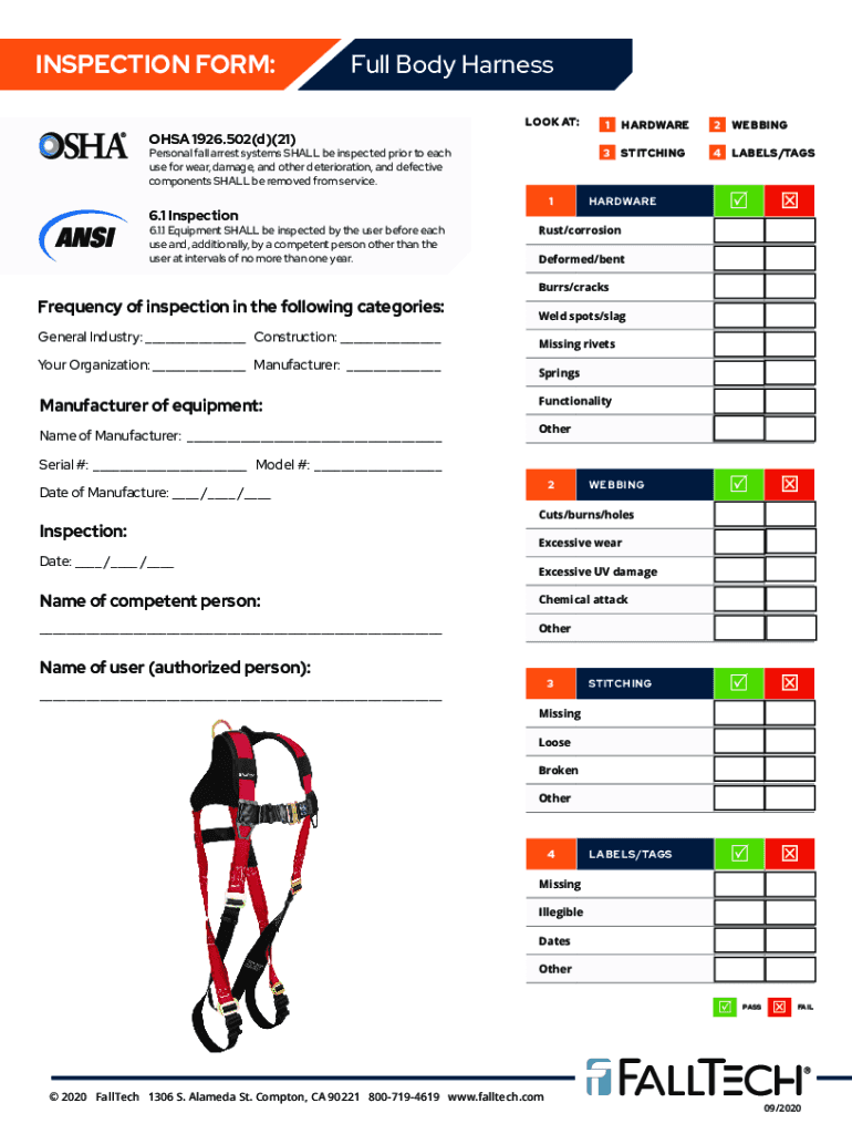 Fillable Online INSPECTION FORM Full Body Harness FallTech Fax Email