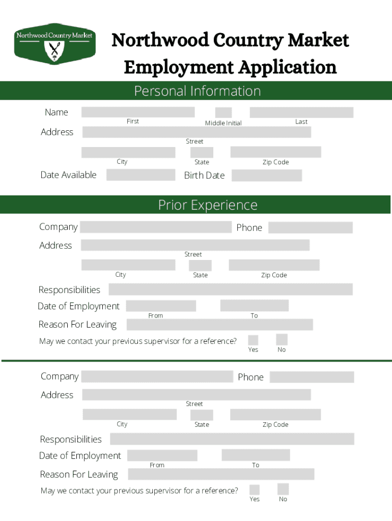 Fillable Online Northwood Country Market Employment Application Form