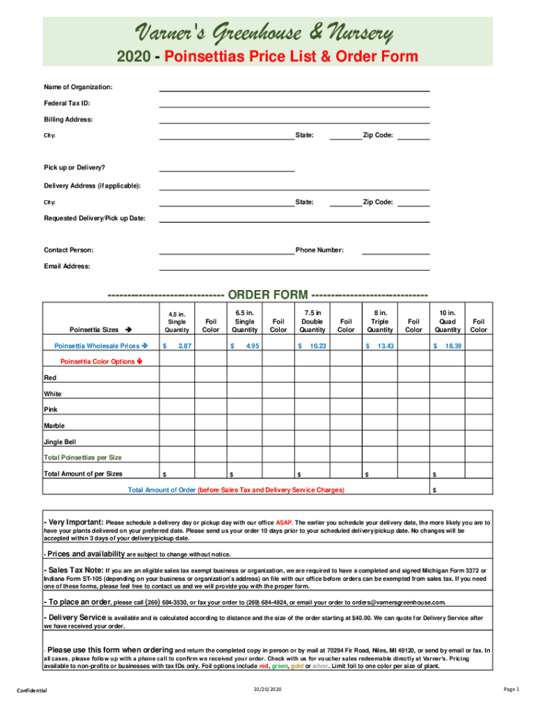 Fillable Online 2020 Poinsettias Price List & Order Form Fax Email