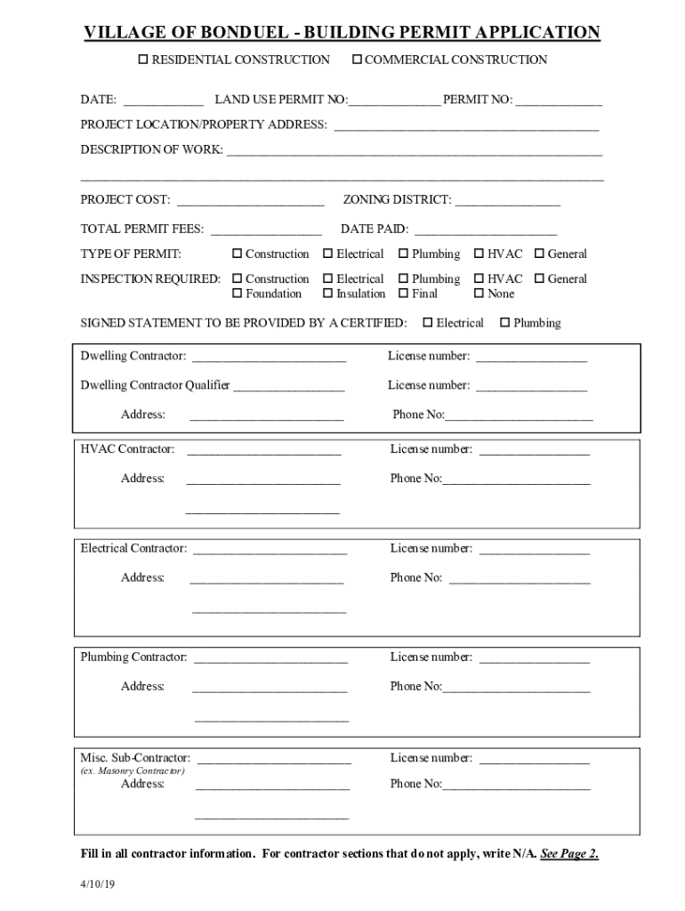 Fillable Online VILLAGE OF BONDUEL BUILDING PERMIT APPLICATION Fax