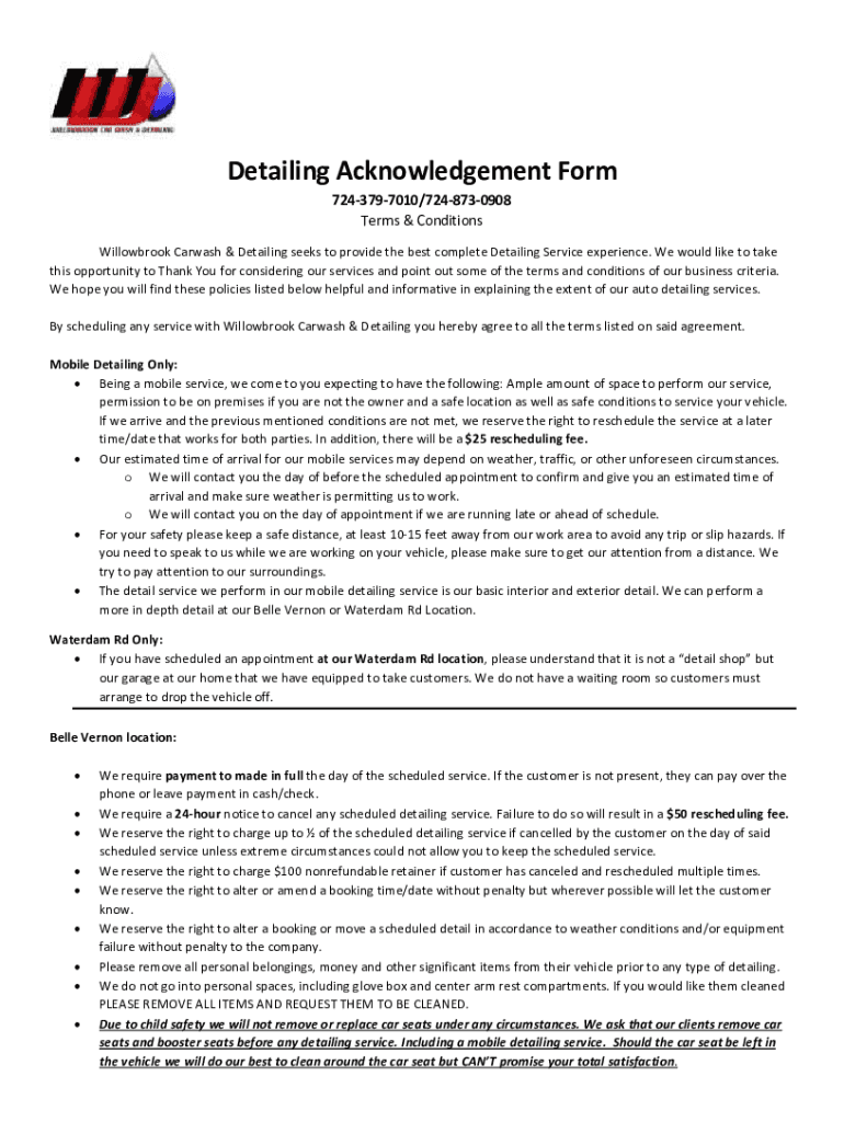 Fillable Online Detailing Acknowledgement FormCustomer Willowbrook