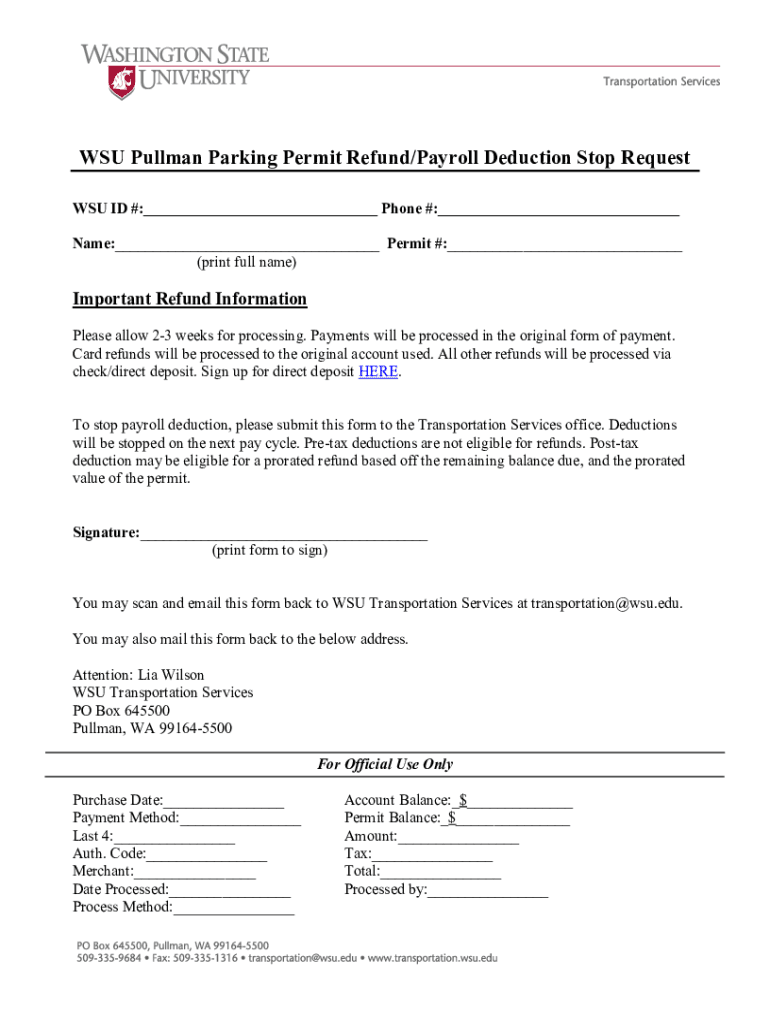 Fillable Online WSU Pullman Parking Permit Refund/Payroll Deduction